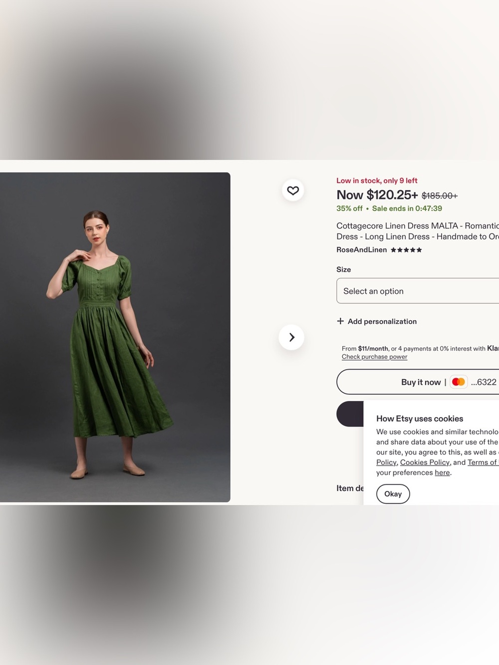 Puff-Sleeve Olive Midi Dress with Button Front - Picture 6 of 6